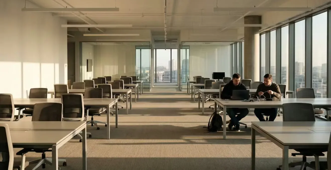 Équipe informatique effectuant des tests de restauration dans un bureau vide le samedi matin
