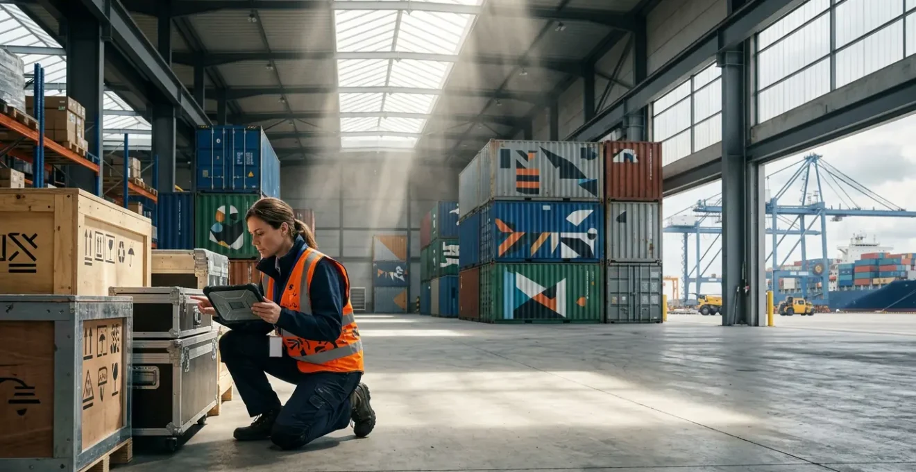 Vue détaillée d'un équipement industriel avec documentation de conformité et normes européennes en contexte portuaire français