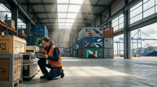 Vue détaillée d'un équipement industriel avec documentation de conformité et normes européennes en contexte portuaire français