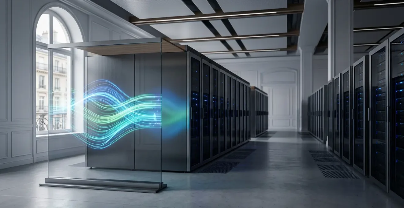 Salle de serveurs moderne avec protection cybersécurité avancée visible à travers des flux de données sécurisés