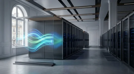 Salle de serveurs moderne avec protection cybersécurité avancée visible à travers des flux de données sécurisés