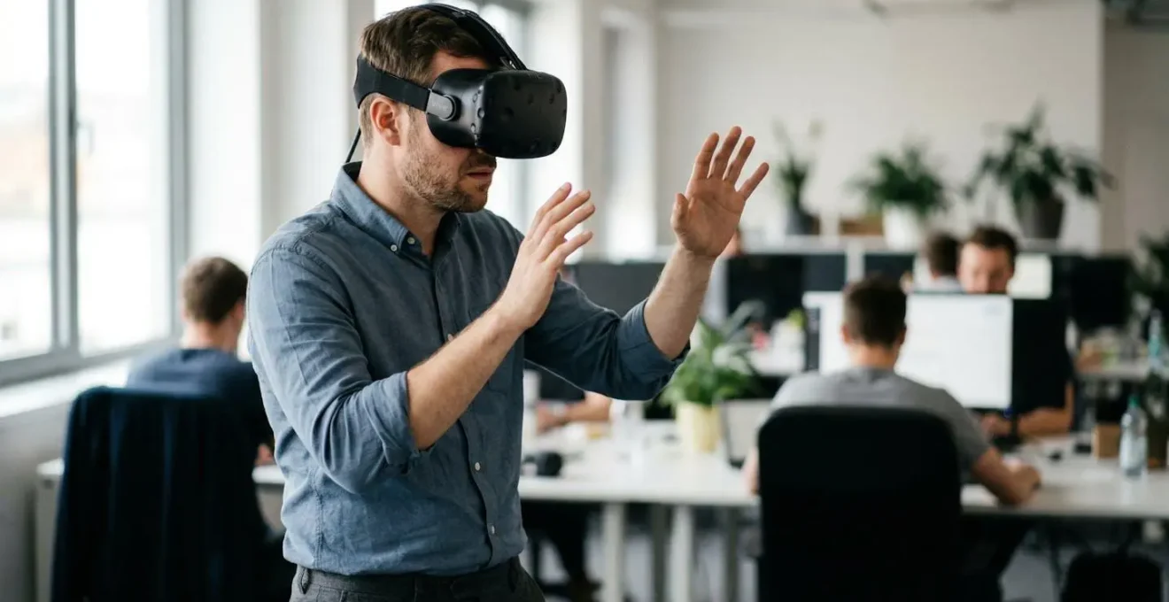 Employé utilisant un casque de réalité virtuelle pour la formation incendie dans un environnement de bureau