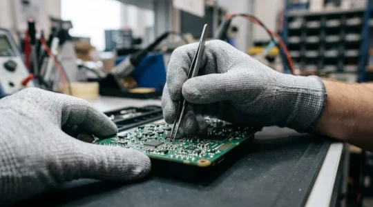 Gros plan sur des mains expertes manipulant avec précision un composant électronique délicat tout en portant des gants anti-coupure haute performance.