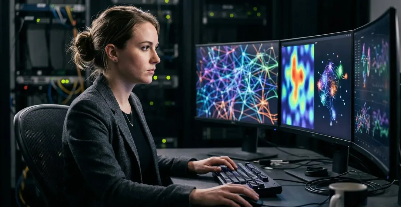 Analyste SOC travaillant sur plusieurs écrans avec visualisation de données de sécurité