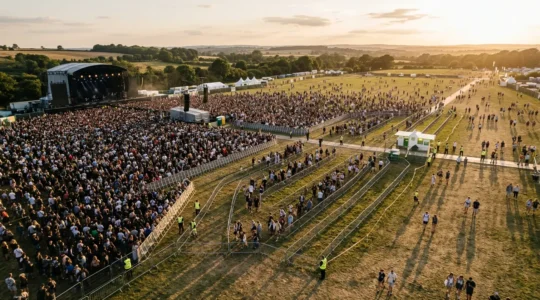 Vue aérienne d'une foule dense lors d'un festival avec barrières de sécurité et zones de décompression visibles