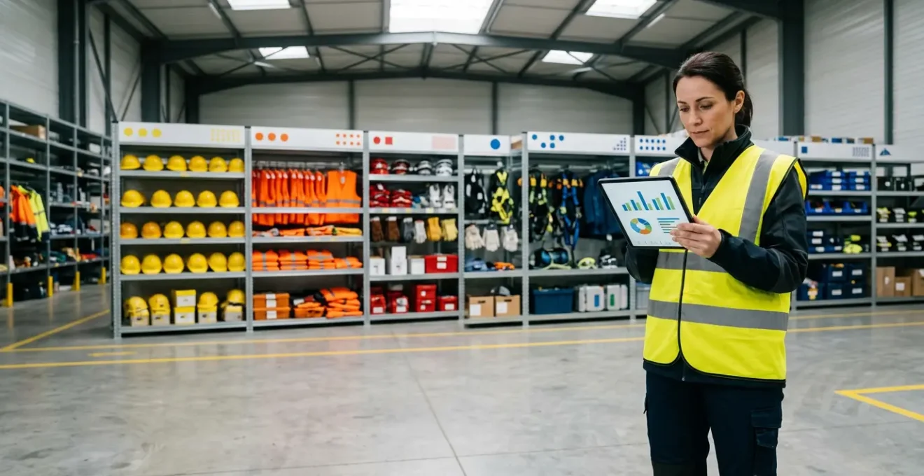 Responsable sécurité analysant des données de stocks d'EPI sur tablette dans un entrepôt moderne