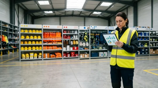 Responsable sécurité analysant des données de stocks d'EPI sur tablette dans un entrepôt moderne