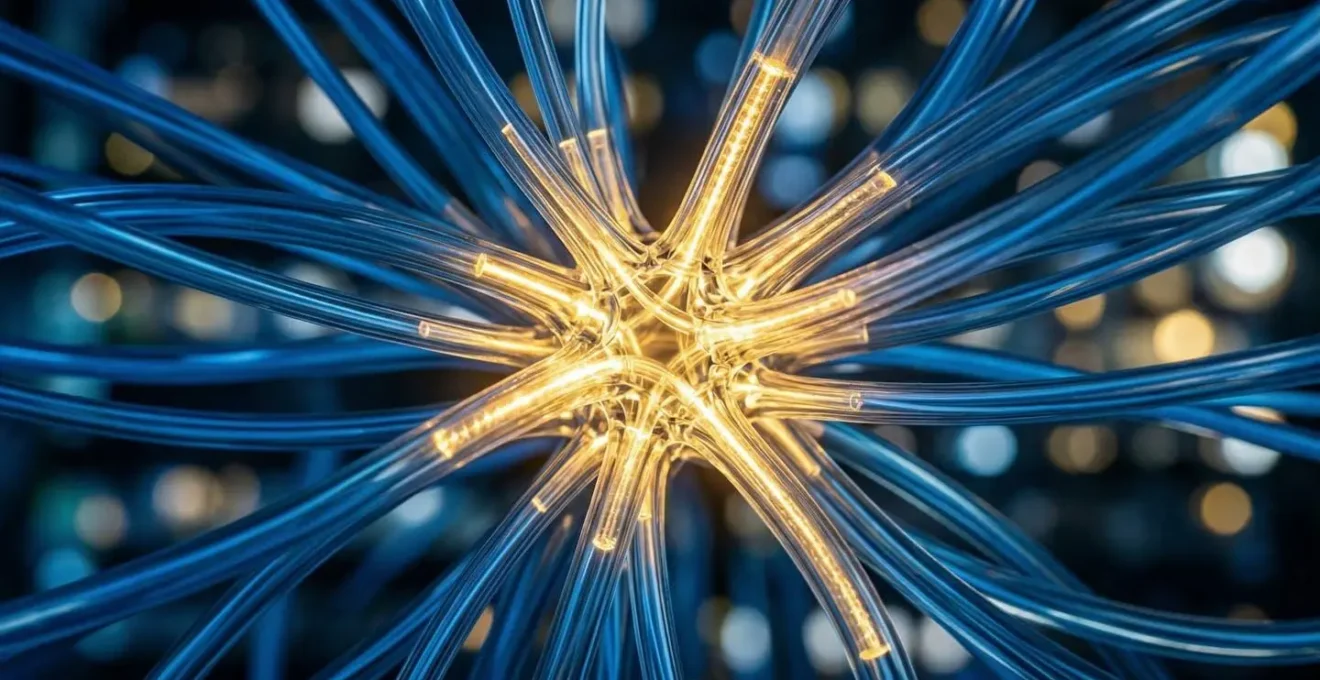 Vue macro d'un piège à miel numérique représenté par des fils de données lumineux convergeant vers un point central