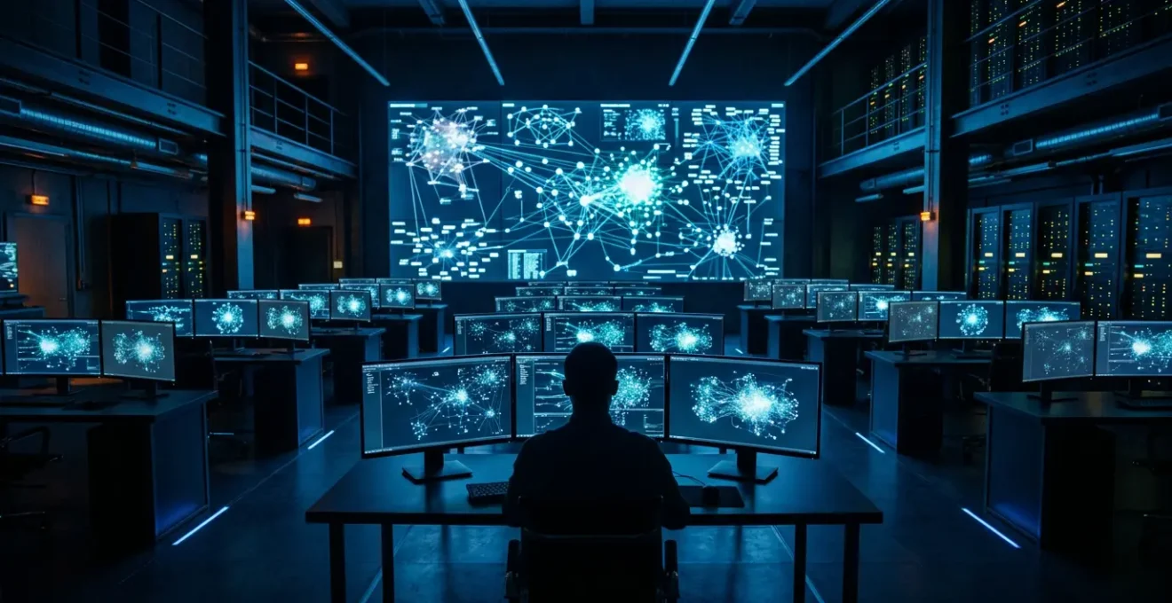 Centre de surveillance réseau avec écrans de monitoring et analyse de trafic en temps réel