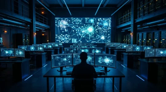 Centre de surveillance réseau avec écrans de monitoring et analyse de trafic en temps réel