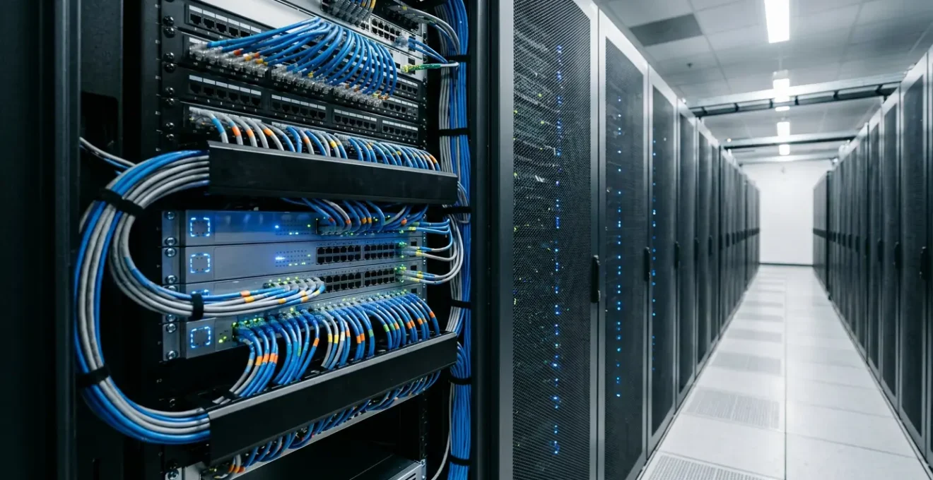 Infrastructure réseau professionnelle pour caméras IP avec switches PoE et connexions réseau organisées