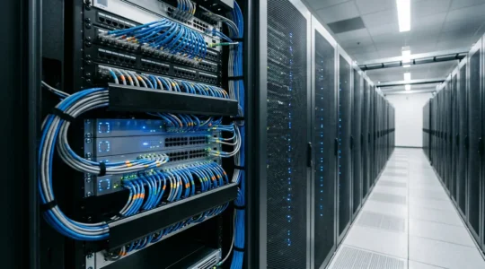 Infrastructure réseau professionnelle pour caméras IP avec switches PoE et connexions réseau organisées
