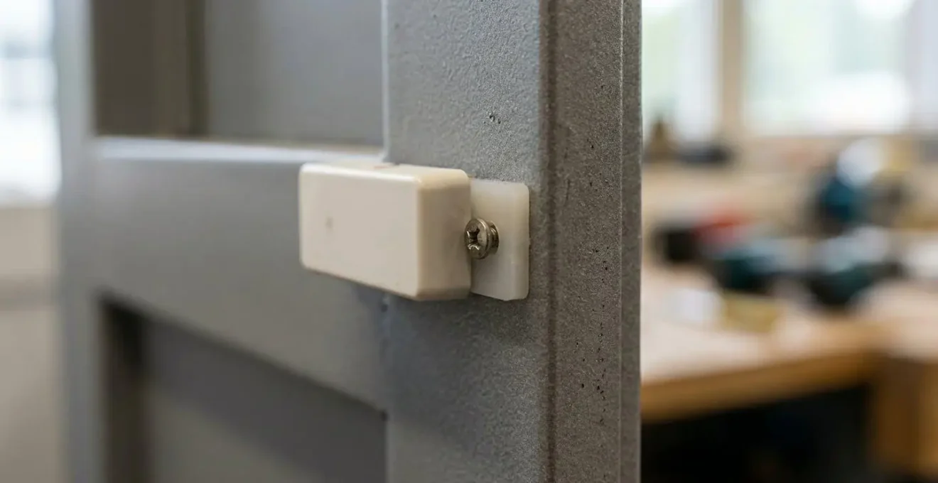 Gros plan technique sur l'installation d'un contact magnétique avec entretoise plastique sur porte métallique