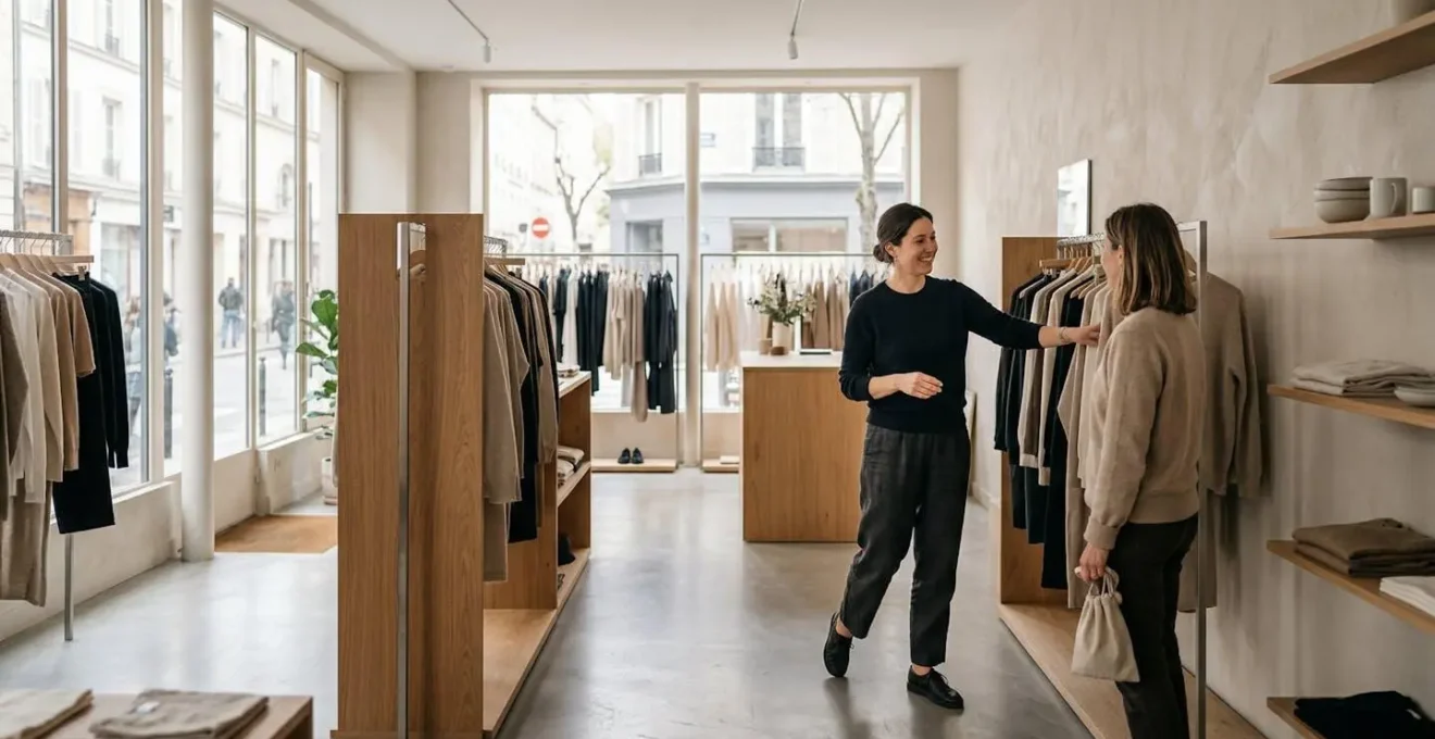 Vendeur en mouvement dans un magasin français avec système de protection discret