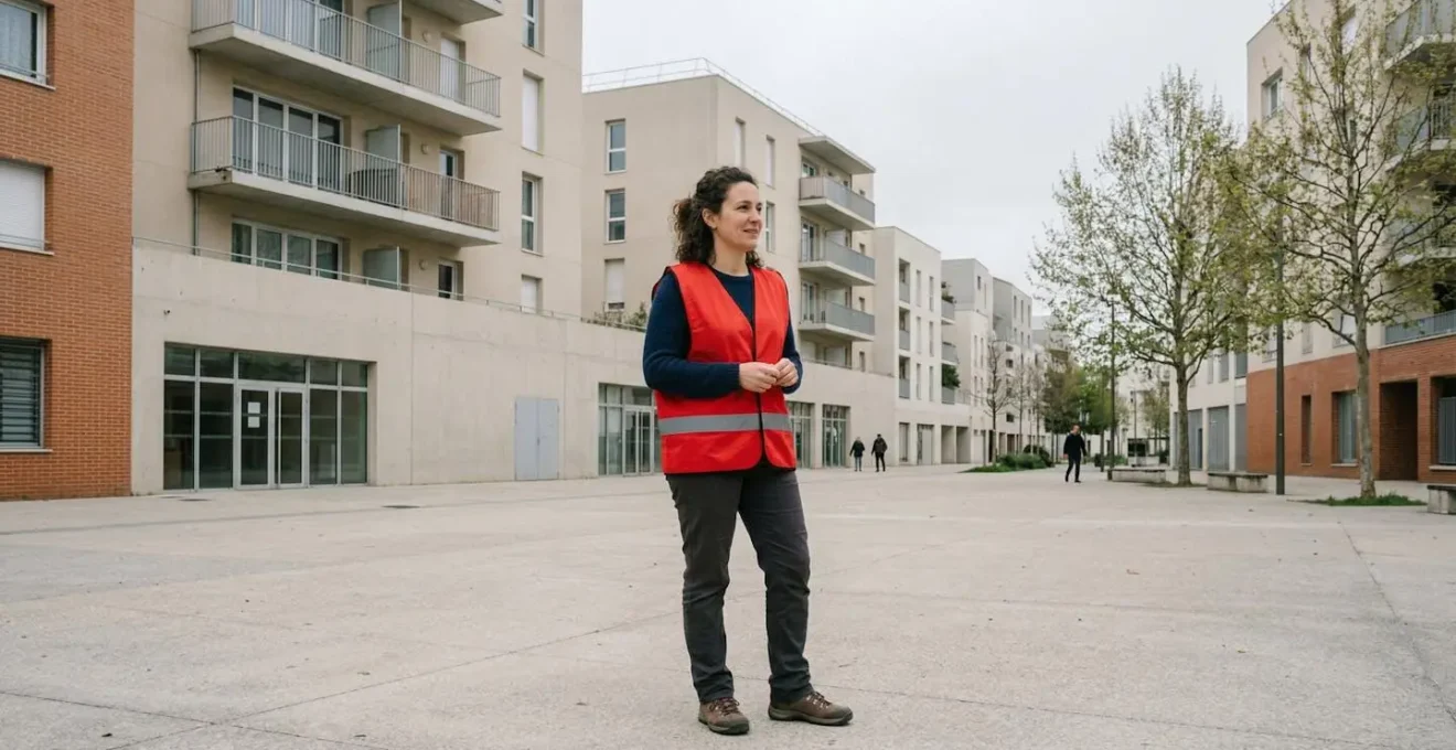 Médiateur social en gilet rouge lumineux dialoguant avec des résidents dans un espace public