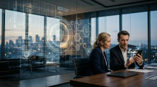 Dirigeants d'entreprise utilisant des smartphones sécurisés pour leurs communications confidentielles