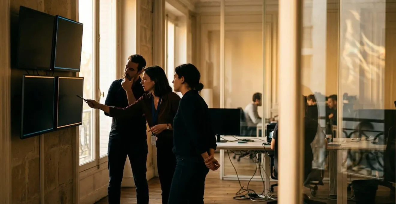 Espace de bureau français moderne avec visualisation abstraite de flux de données sur écrans éteints reflétant la lumière
