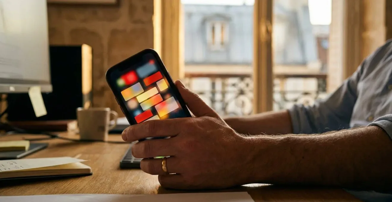 Main tenant un smartphone avec des notifications floues dans un environnement de bureau français