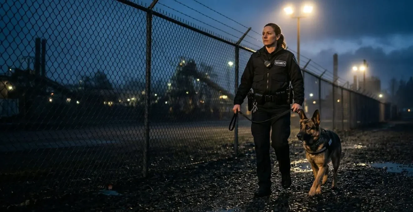 Agent cynophile et son chien longeant une clôture industrielle sous éclairage nocturne