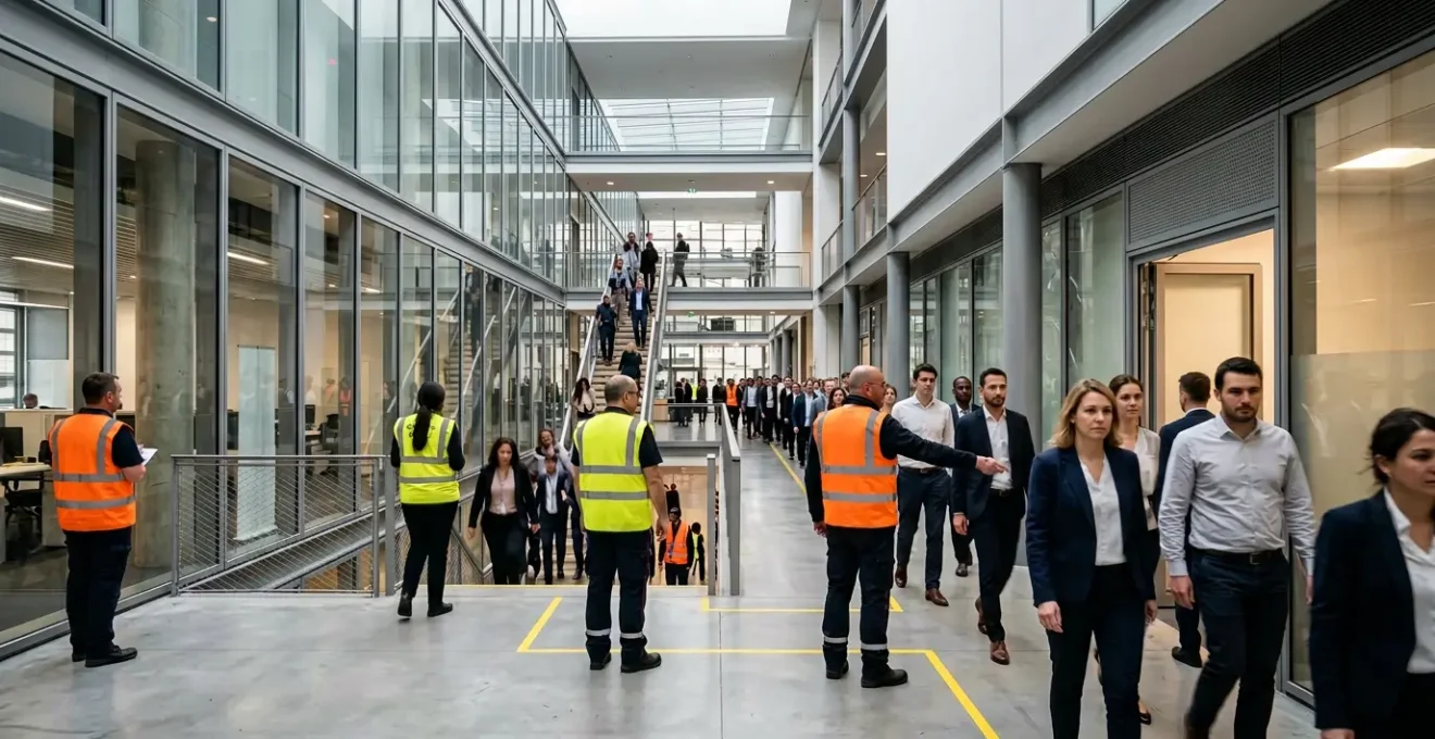 Exercice d'évacuation dans un grand établissement moderne avec équipes de sécurité guidant le flux de personnes