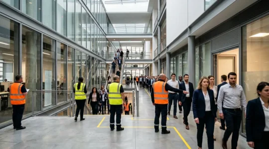 Exercice d'évacuation dans un grand établissement moderne avec équipes de sécurité guidant le flux de personnes