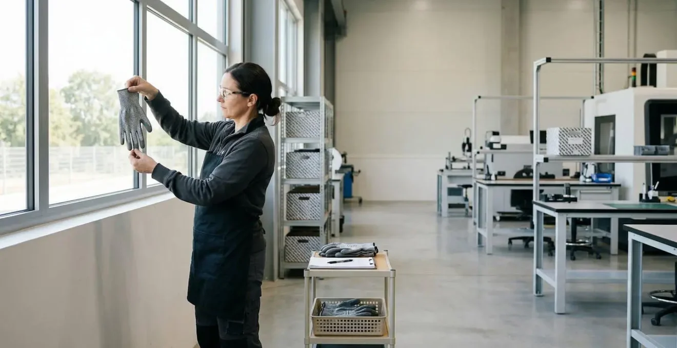 Mains inspectant minutieusement un gant anti-coupure sous une lumière d'atelier, révélant les zones d'usure critiques
