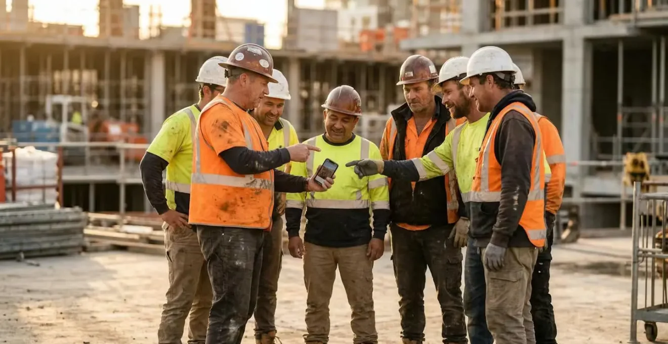 Chef de chantier animant une discussion sécurité interactive avec des ouvriers en cercle sur un chantier