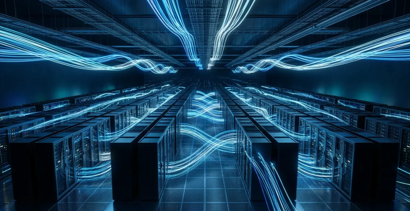 Vue aérienne d'un centre de données moderne avec flux de données lumineux représentant l'analyse comportementale réseau
