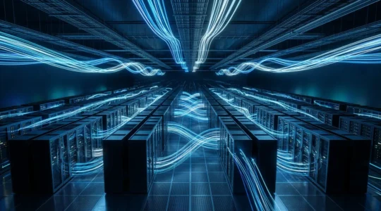 Vue aérienne d'un centre de données moderne avec flux de données lumineux représentant l'analyse comportementale réseau