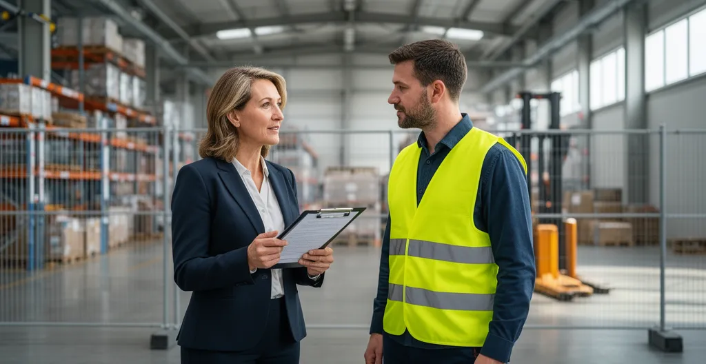 Responsable logistique échangeant avec un opérateur dans un entrepôt équipé d'arceaux de protection