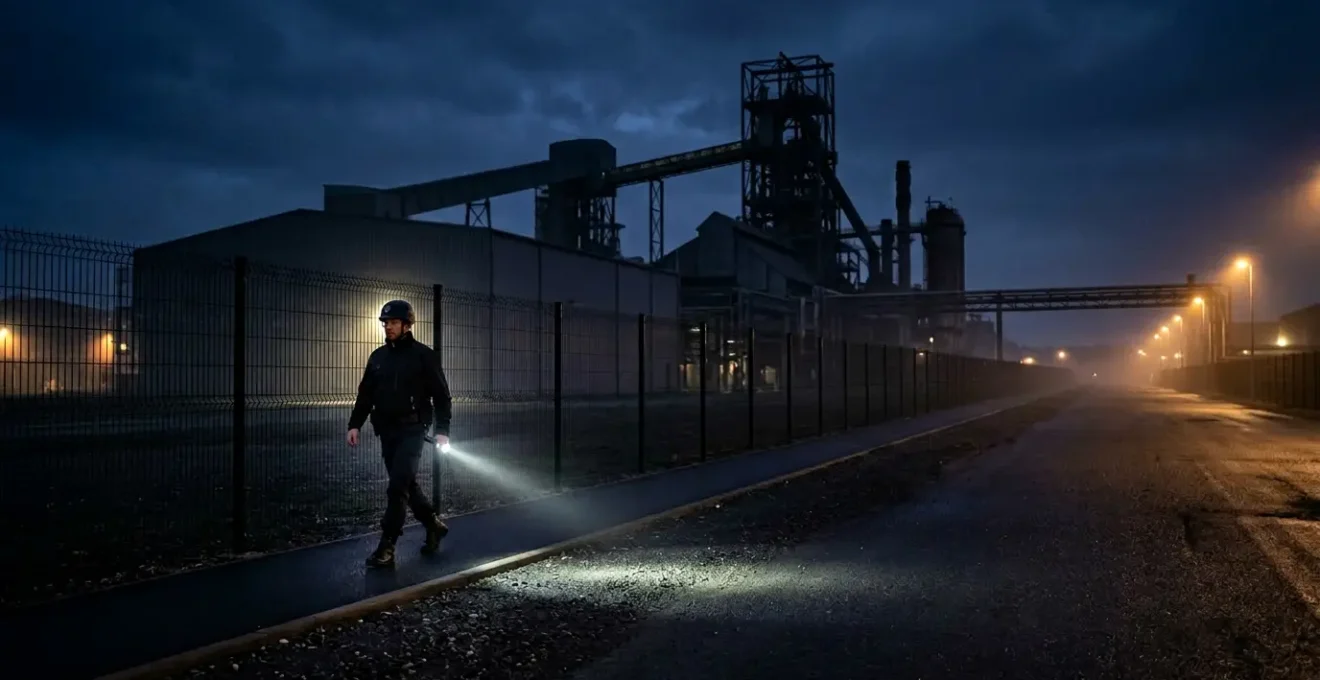 Agent de sécurité rondier en intervention nocturne devant un site industriel en France