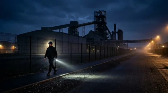 Agent de sécurité rondier en intervention nocturne devant un site industriel en France