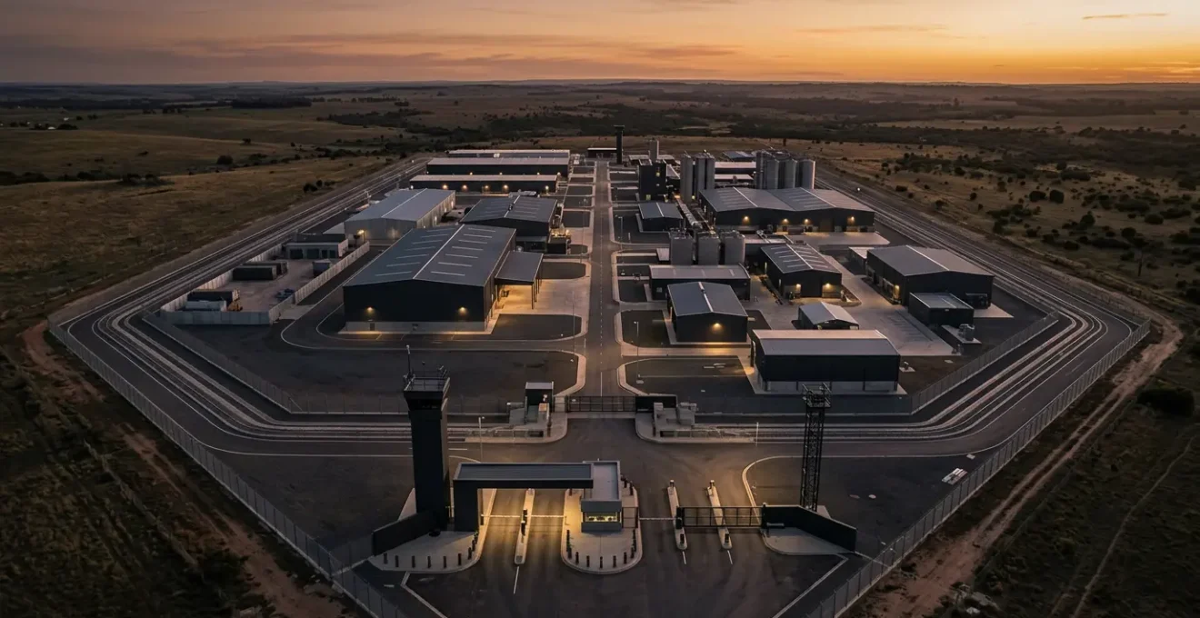 Vue aérienne d'un site industriel de 5 hectares avec systèmes de sécurité périmétrique visibles au crépuscule