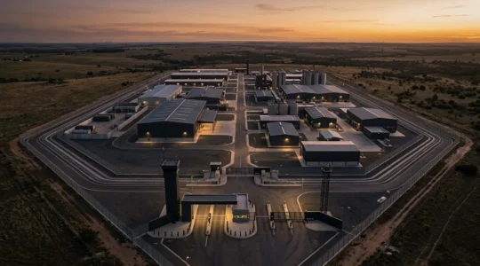 Vue aérienne d'un site industriel de 5 hectares avec systèmes de sécurité périmétrique visibles au crépuscule