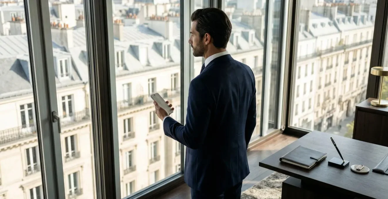Vue aérienne d'un bureau moderne français avec éléments symbolisant la sécurité multicouche