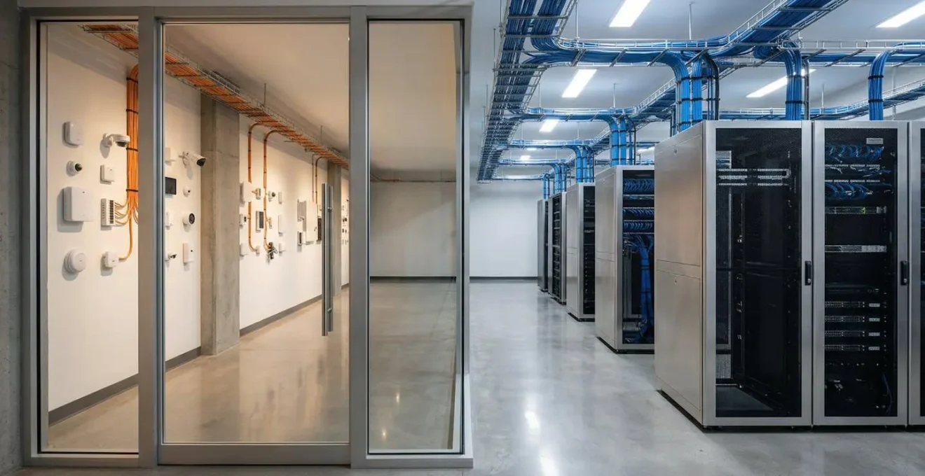 Infrastructure réseau montrant la séparation physique entre zones IoT et serveurs critiques