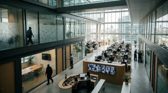 Vue d'ensemble d'un open space moderne montrant différentes zones avec des signaux subtils de vigilance