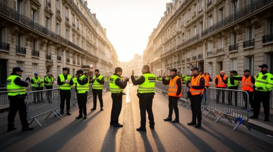 Forces de sécurité et agents de liaison coordonnés surveillant un cortège de manifestation dans un environnement urbain