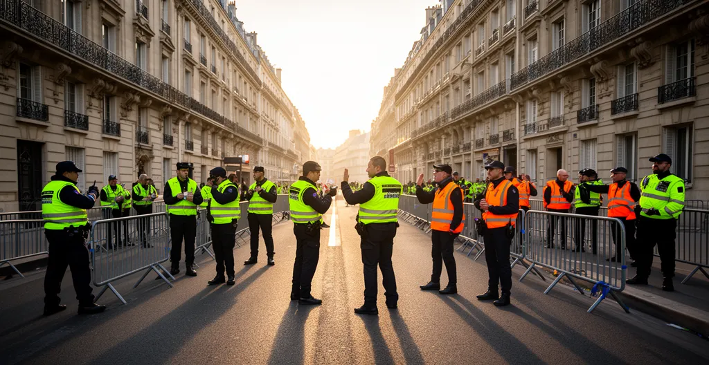 Forces de sécurité et agents de liaison coordonnés surveillant un cortège de manifestation dans un environnement urbain