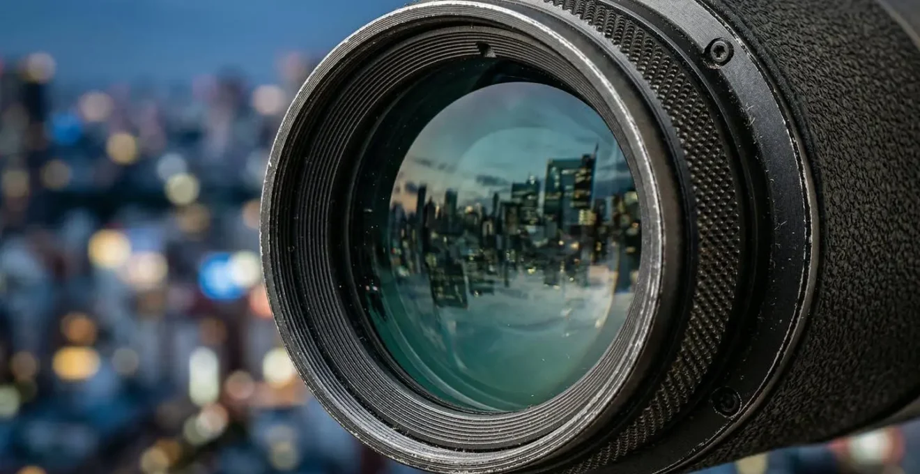 Vue en contre-plongée d'une vigie positionnée sur un toit surveillant l'horizon urbain avec des jumelles
