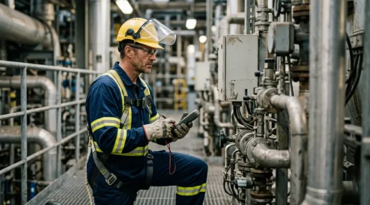 Technicien de maintenance en zone industrielle portant un équipement de protection multinormes complet
