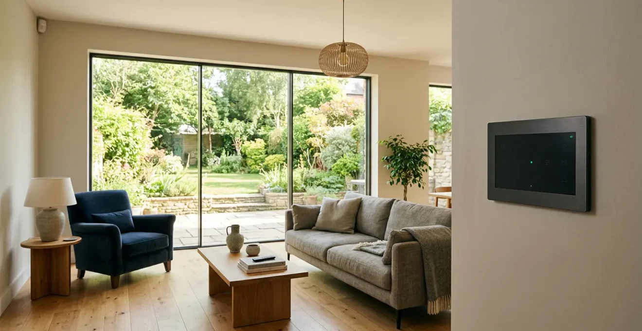 Système de télésurveillance moderne dans une maison française avec détecteurs et centrale d'alarme