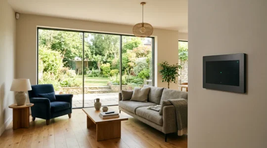 Système de télésurveillance moderne dans une maison française avec détecteurs et centrale d'alarme