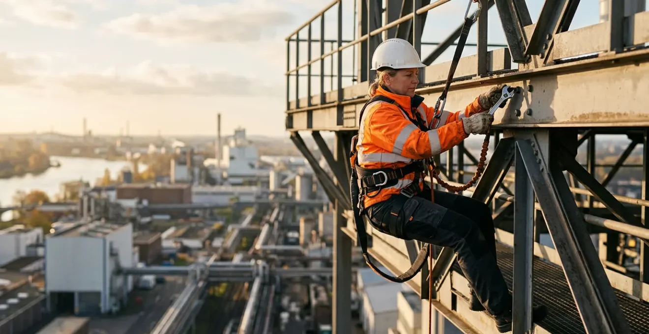 Travailleur équipé d'un harnais antichute avec sellette de confort lors d'une intervention prolongée sur structure industrielle