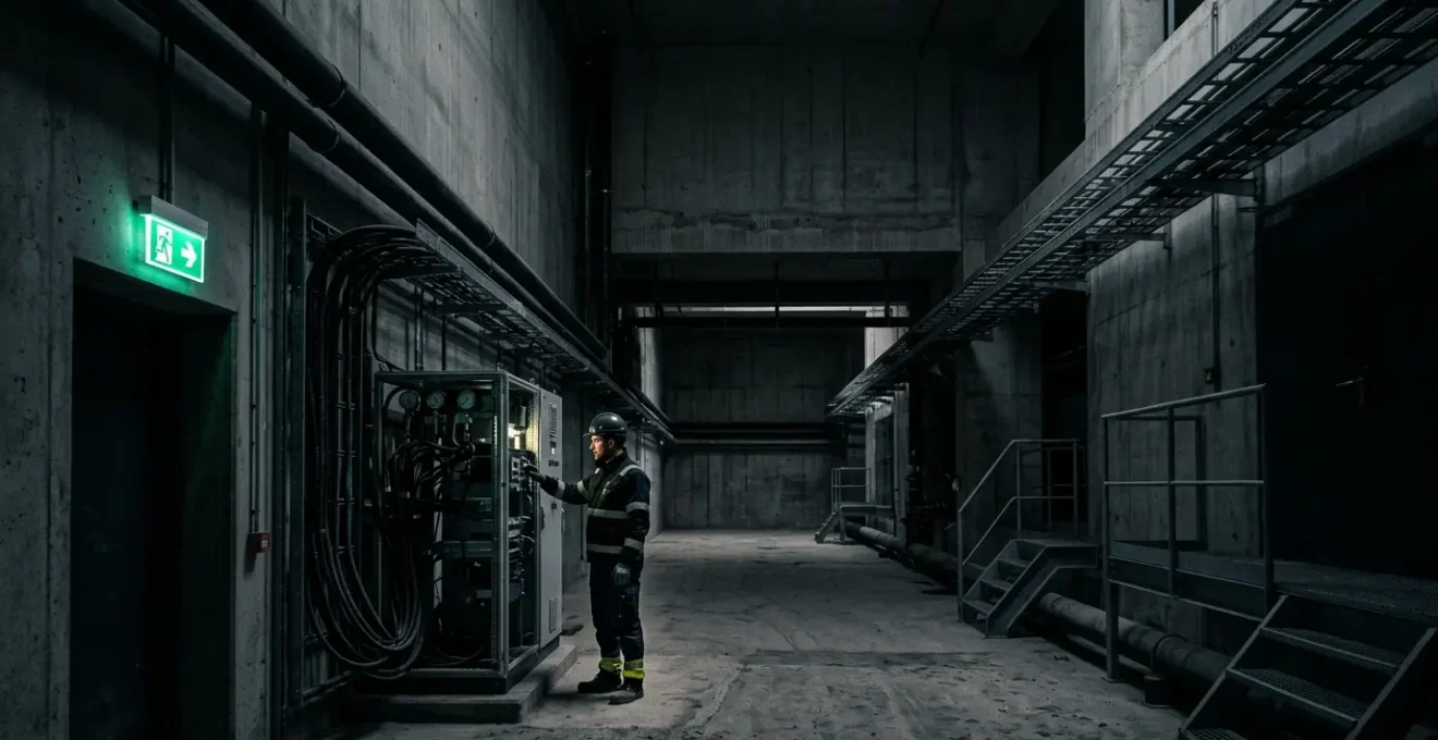 Un professionnel en combinaison de sécurité dans un sous-sol technique avec dispositif DATI visible à la ceinture