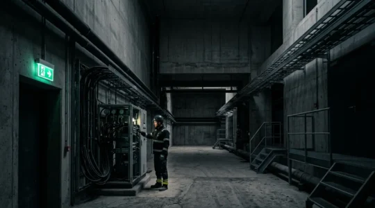 Un professionnel en combinaison de sécurité dans un sous-sol technique avec dispositif DATI visible à la ceinture