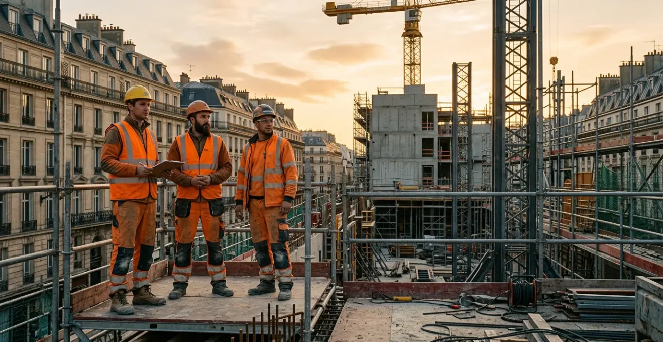Équipe de professionnels du BTP en tenues de travail techniques sur un chantier de construction