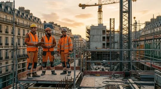 Équipe de professionnels du BTP en tenues de travail techniques sur un chantier de construction