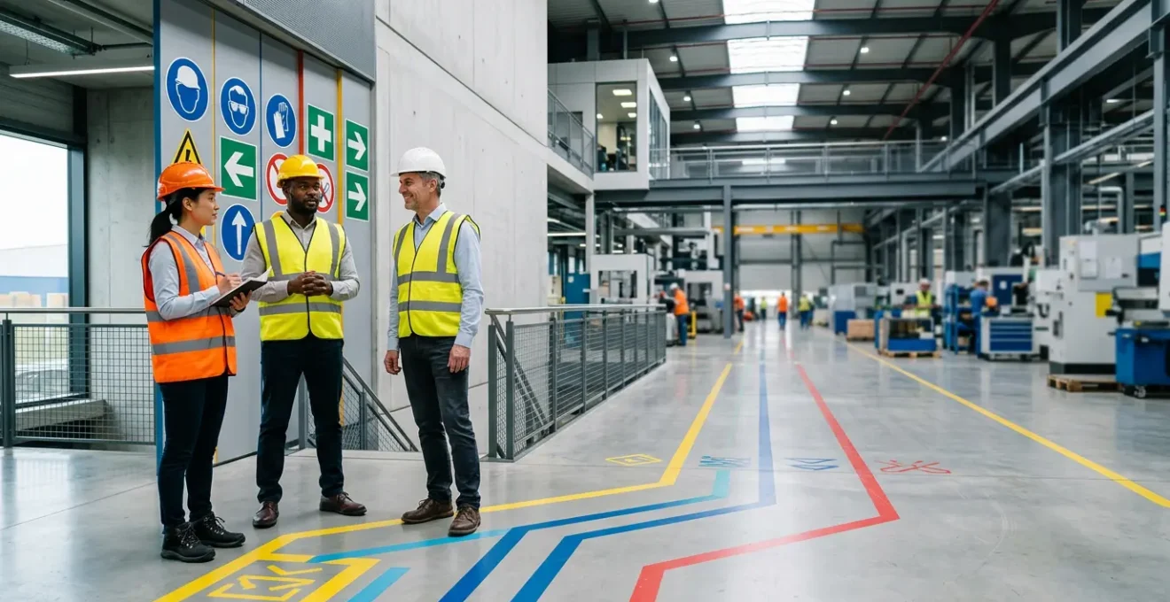 Visiteur en gilet haute visibilité dans un environnement industriel moderne avec signalétique universelle colorée en arrière-plan