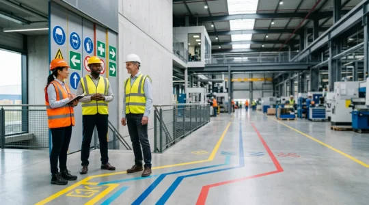 Visiteur en gilet haute visibilité dans un environnement industriel moderne avec signalétique universelle colorée en arrière-plan